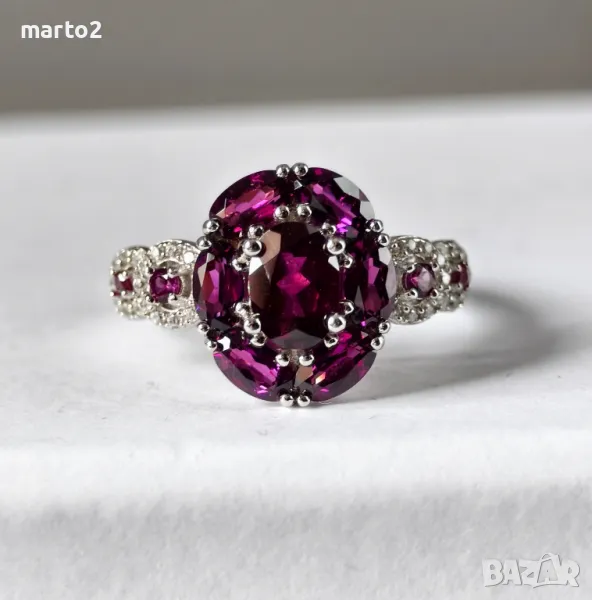 Прекрасен Сребърен 925 Пръстен с Родиево покритие и Натурални Родолити и Циркони!, снимка 1