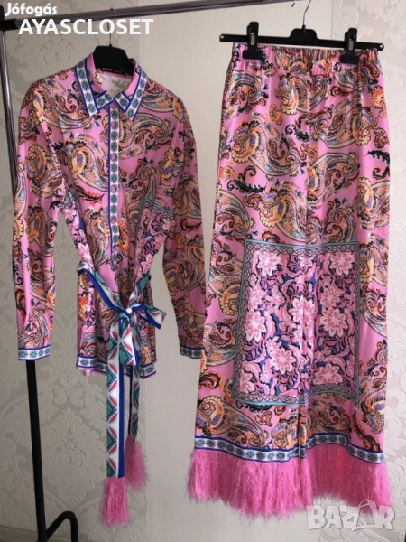 Цветен дамски комплект с пера ХЛ - риза и панталон, снимка 1