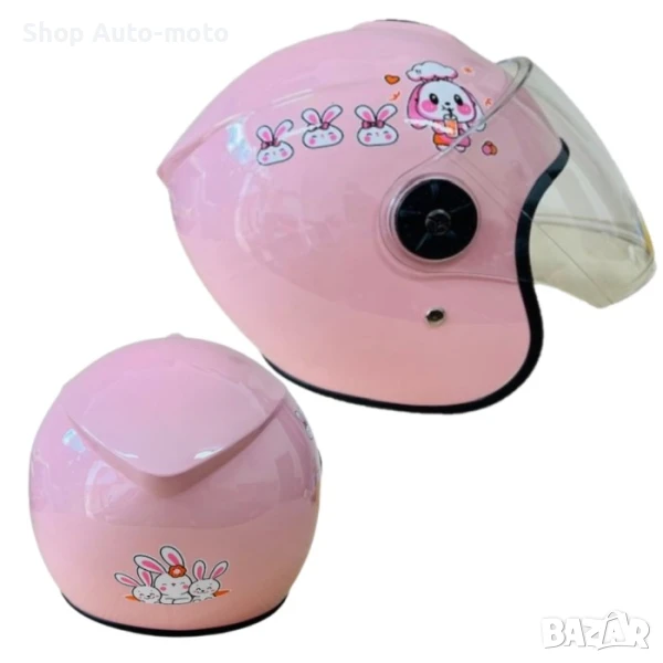 Детска каска за мотор Automat, За скутер, XS размер, Розов/зайчета, снимка 1