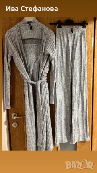 Нов сив памучен памук  сет комплект от три части костюм 3 в 1 дълга жилетка , блуза панталон , снимка 1