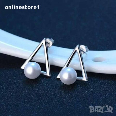 Сребърни обеци - Перли триъгълник 925 BX532, снимка 2 - Обеци - 39122775