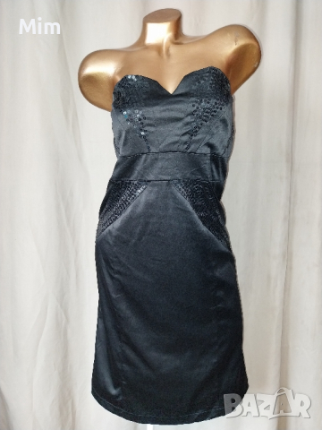 L Черна сатенена рокля с пайети , снимка 6 - Рокли - 44802406