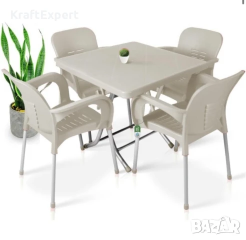 Сгъваема маса 80х80 + 4 удобни стола с подлакътници – за двор, балкон, тераса, снимка 2 - Маси - 50653470