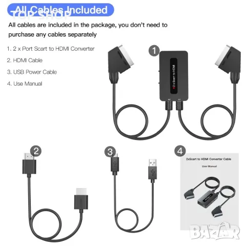 Два порта Scart към HDMI конвертор с изходно съотношение 4:3/16:9,два порта Scart In-HDMI out,HDTV, снимка 4 - Стойки, 3D очила, аксесоари - 49308520