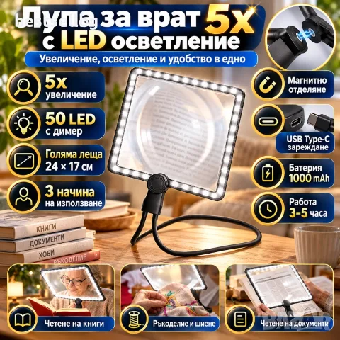 Лупа за врат 5x с 50 LED, димер и USB Type-C, снимка 8 - Други инструменти - 56460131