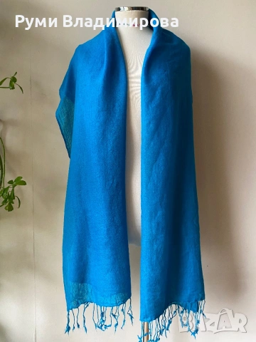 Син, тюркоазен шал от 100  % вълна, снимка 4 - Шалове - 52493358