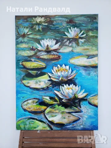 Оригинална маслена картина "Nymphaea: Azure Waters" / Ръчна изработка, снимка 2 - Картини - 56233652