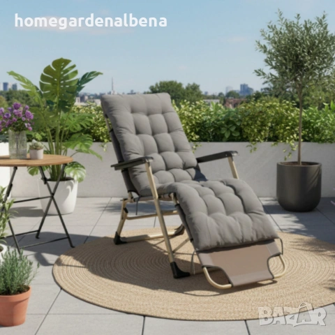 Сгъваем шезлонг с възглавница – Oxford 600D, стомана, 178×60×82 см, сив, снимка 7 - Градински мебели, декорация  - 54173385