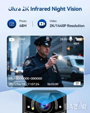 CAMMHD1440P Камера за тяло 3000mAh 8-10 часа водоустойчива инфрачервена нощна визия, снимка 2 - Камери - 51085858
