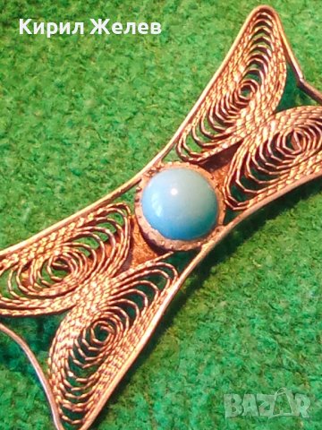 Стара тюркоазена филигранна СКЪПОЦЕННА АРТ БРОШКА СРЕБРО и НАТУРАЛЕН ТЮРКОАЗ МАЙСТОРСКО БИЖУ 25746, снимка 5 - Антикварни и старинни предмети - 35745665