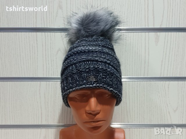 Нова дамска плетена шапка тъмносин меланж с помпон/пух, снимка 7 - Шапки - 30963365