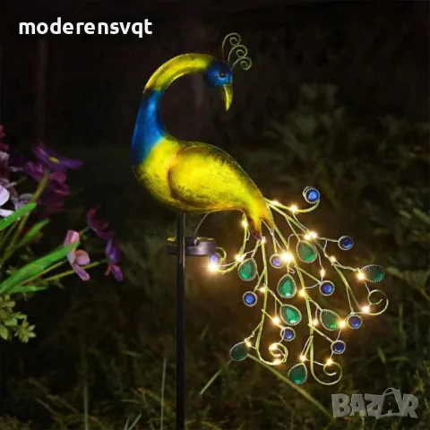 Градинска соларна лампа Паун в топла бяла светлина и соларен панел, снимка 7 - Градински мебели, декорация  - 49894831