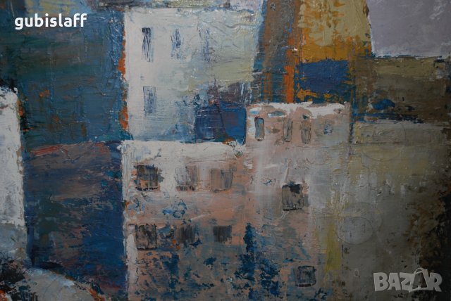 Стара огромна картина, градски пейзаж, Цв. Цветков,1982, снимка 8 - Картини - 31180718