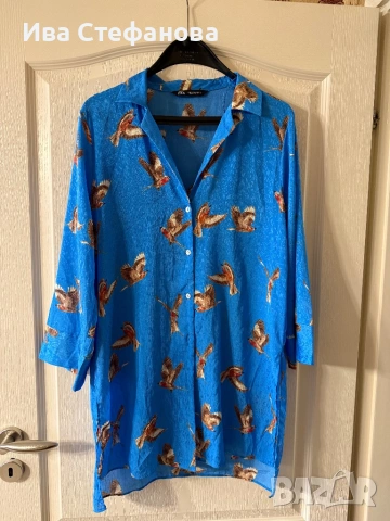 Wow нова синя на птици дълга елегантна риза zara Zara Зара , снимка 2 - Ризи - 54149477