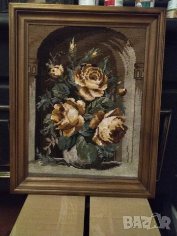 Страхотен гоблен рози масивна дървена рамка намален, снимка 2 - Гоблени - 42462639