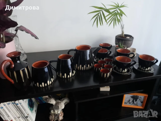 Стар комплект за кафе и ракия глинена керамика