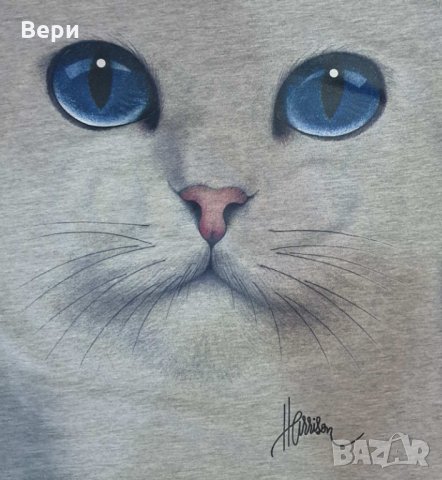 Нова дамска сива тениска с 3D принт Котка със сини очи, снимка 9 - Тениски - 29126621