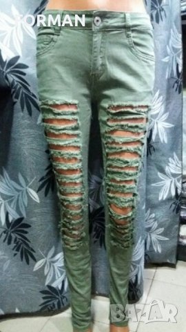 Зелени еластични нарязани дънки с висока талия 