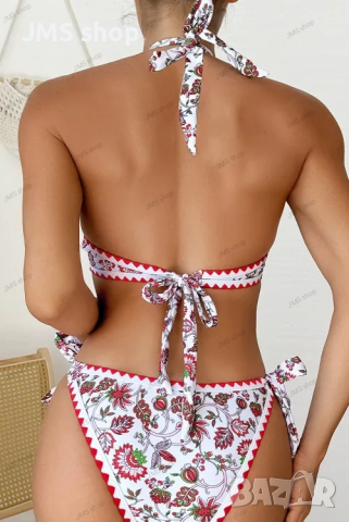 Дамски бански костюм без гръб и възел с червен флорален халтер, снимка 2 - Бански костюми - 44930480