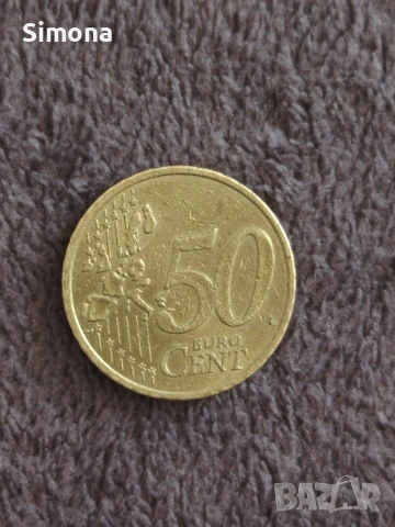 Германска монета 50 цента 2002 г. с липсващ знак на монетния двор под годината на отсичане, снимка 2 - Нумизматика и бонистика - 54097228