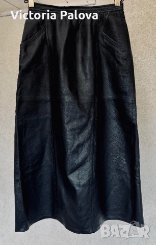 VINTAGE черна кожена миди пола, уникален дизайн, снимка 2 - Поли - 52086295