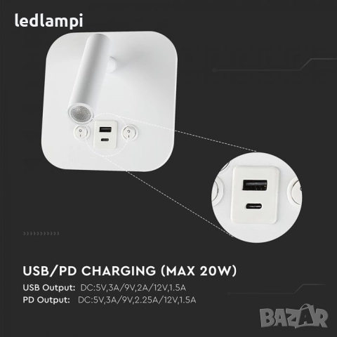 LED Аплик 8W С USB/PD Порт Бял Топло Бяла Светлина, снимка 4 - Лампи за стена - 51443627