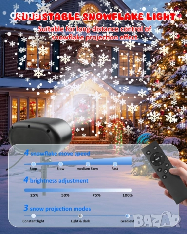 Коледен LED проектор с дистанционно, снежинки, падащ сняг, IP65, снимка 4 - Декорация за дома - 51919353