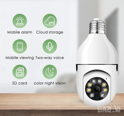 Wi-Fi камера електрическа крушка за видеонаблюдение, снимка 6 - HD камери - 48239832