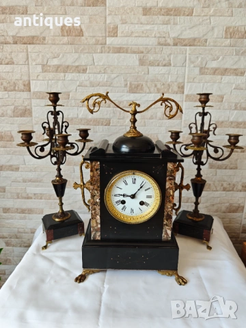 Френски каминен часовник - A.D.M.P. - мраморен + два свещника - 19 век  