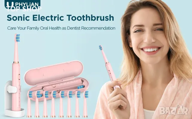 Звукова електрическа четка за зъби PHYLIAN,8 глави,акумулаторна,3 часа бързо зареждане за 120 дни, снимка 3 - Маши за коса - 48805026