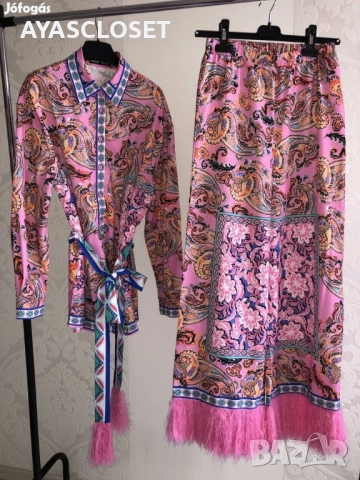 Цветен дамски комплект с пера ХЛ - риза и панталон