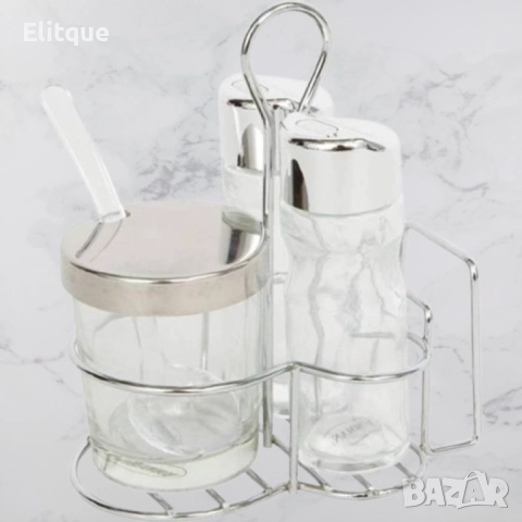 Комплект за маса Bohmann за сол, пипер и захар, поставка с място за салфетки, Стъкло, неръж. стомана, снимка 2 - Други - 52889014