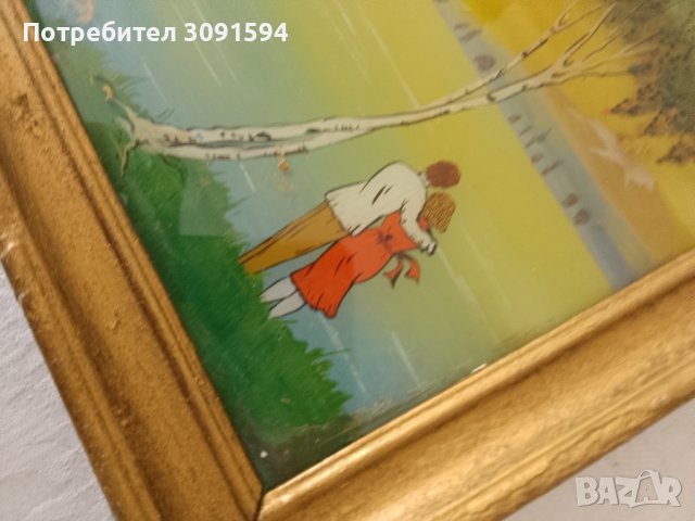 красива картина пейзаж рисувана от вътрешната страна на стъклото със дървена винтидж рамка , снимка 16 - Антикварни и старинни предмети - 44398853