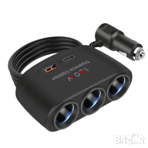 Разклонител за запалка с 3 гнезда USB Type-C и мощност 120W