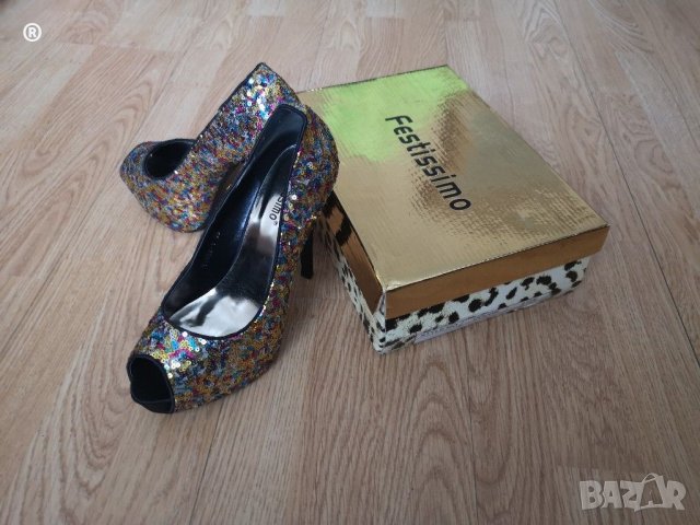 НОВИ Festissimo луксозни обувки със златни пайети на висок ток, Размер 39, снимка 4 - Дамски обувки на ток - 31449641
