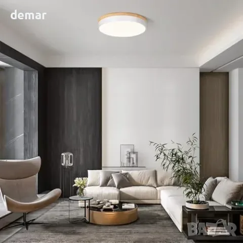 Кръгъл LED плафон Qamra 36 W с дървесен акцент, снимка 2 - Лампи за таван - 55807554
