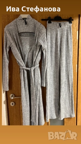 Нов сив памучен памук  сет комплект от три части костюм 3 в 1 дълга жилетка , блуза панталон 