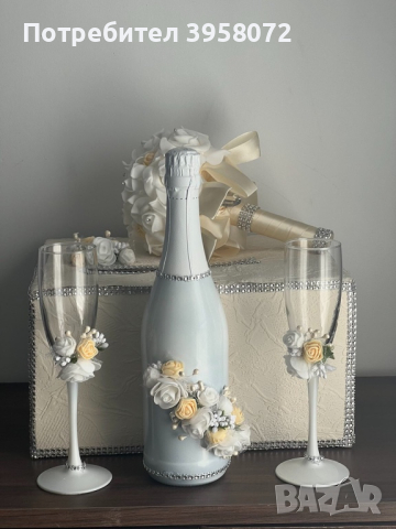 Сватбен комплект, сватбени чаши, кутия за дарове, букет, снимка 3 - Сватбени аксесоари - 44633943