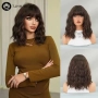 Къдрава кафява перука с кичури и бретон средна дължина, снимка 7
