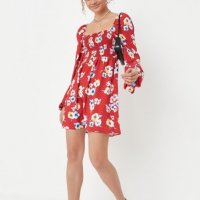 Червена дамска рокля с принт на точки и цветя, снимка 4 - Рокли - 37093036