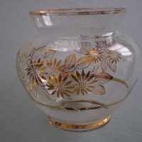 Винтидж стара ръчно изработена стъклена ваза златни цветя прозрачна, снимка 8 - Други ценни предмети - 40040323
