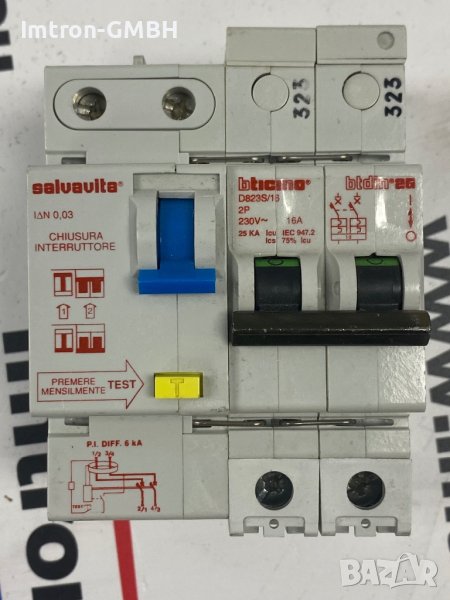 ДВОЕН ПРЕДПАЗИТЕЛ + дефектно токова защита BTICINO D823S/16 , 2P, 230V, 16A , снимка 1