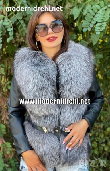 Луксозно дамско палто естествен косъм лисица и естествена кожа код 59, снимка 1