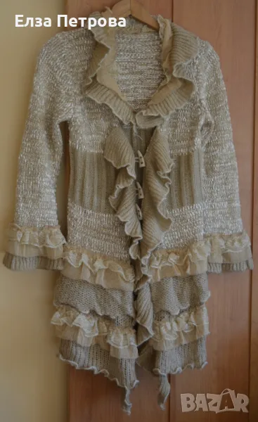 Дамска интересна пролетно-есенна жилетка с дантела и тюл, в цвят старо злато; L÷2XL, снимка 1