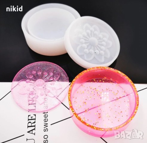 3d Кръг кутия с капак цвете 2 части силиконов молд форма за направа на кутийка за бижута смола молд, снимка 1