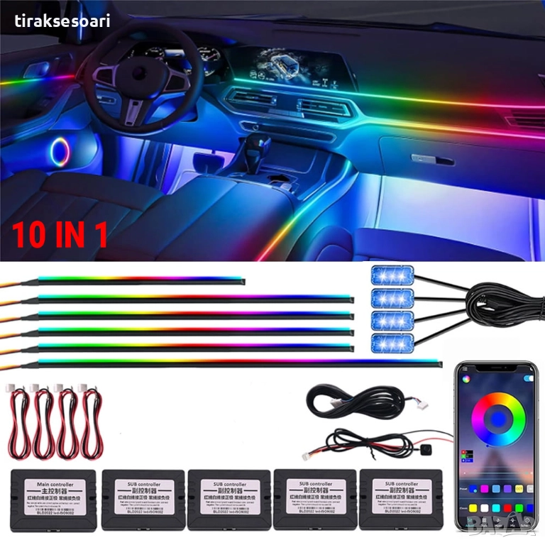 RAINBOW LED амбиентно осветление за автомобили с RGB 256 цвята, 10 в 1, снимка 1
