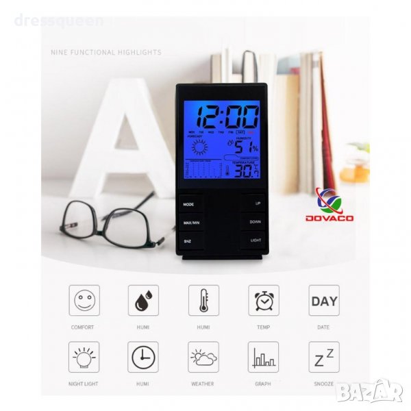 3220 Стаен часовник с термометър, влагомер и календар, снимка 1