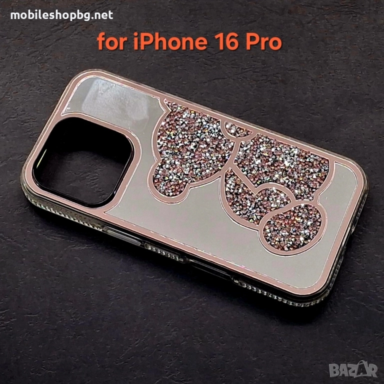 iPhone 16 Pro огледален кейс мече с камъчета розов , снимка 1