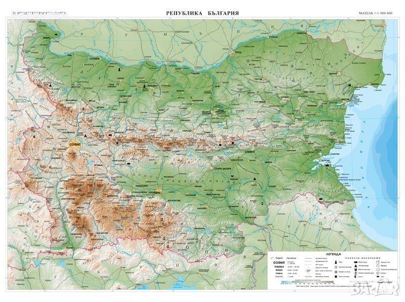 Природногеографска стенна карта на България - 100/140 см., снимка 1