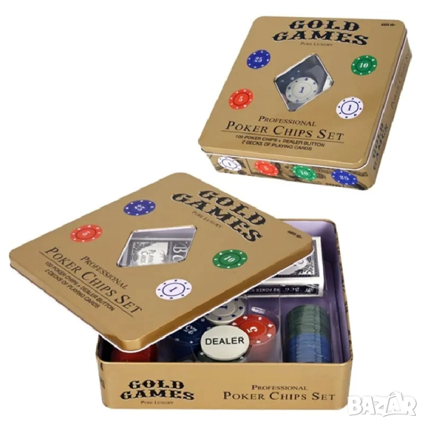 Покер комплект със 100 чипа и 2 тестета карти в метална кутия, снимка 1